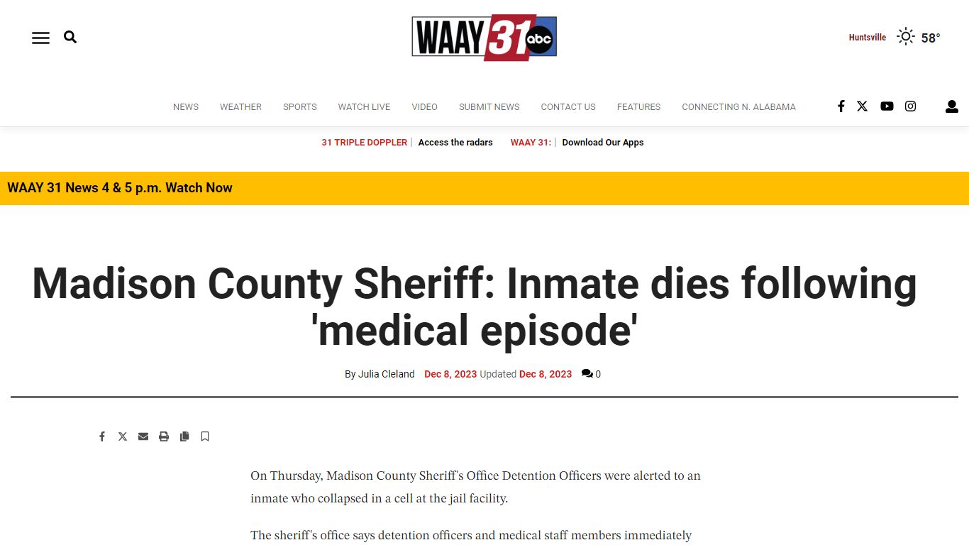 Madison County Sheriff: Inmate dies following 'medical episode'